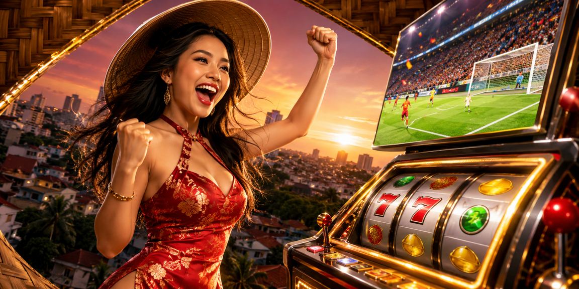 Người phụ nữ đội nón lá tại Buôn Ma Thuột chơi Slot game trên điện thoại giữa thiên nhiên Tây Nguyên