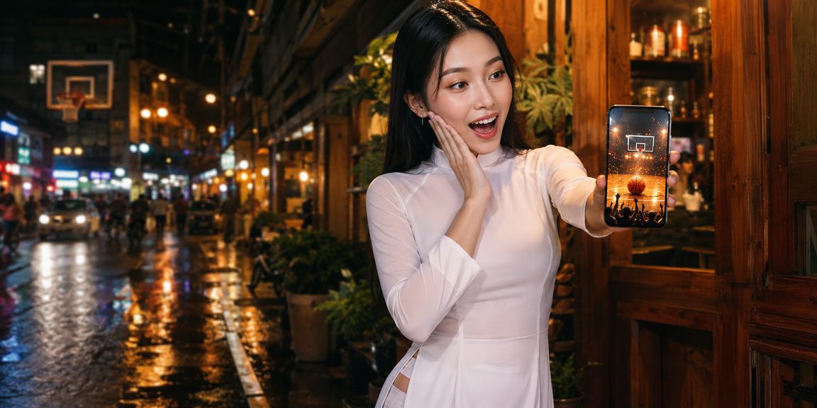 Người phụ nữ mặc áo dài tại TP.HCM theo dõi kèo bóng rổ NBA trực tuyến trên điện thoại